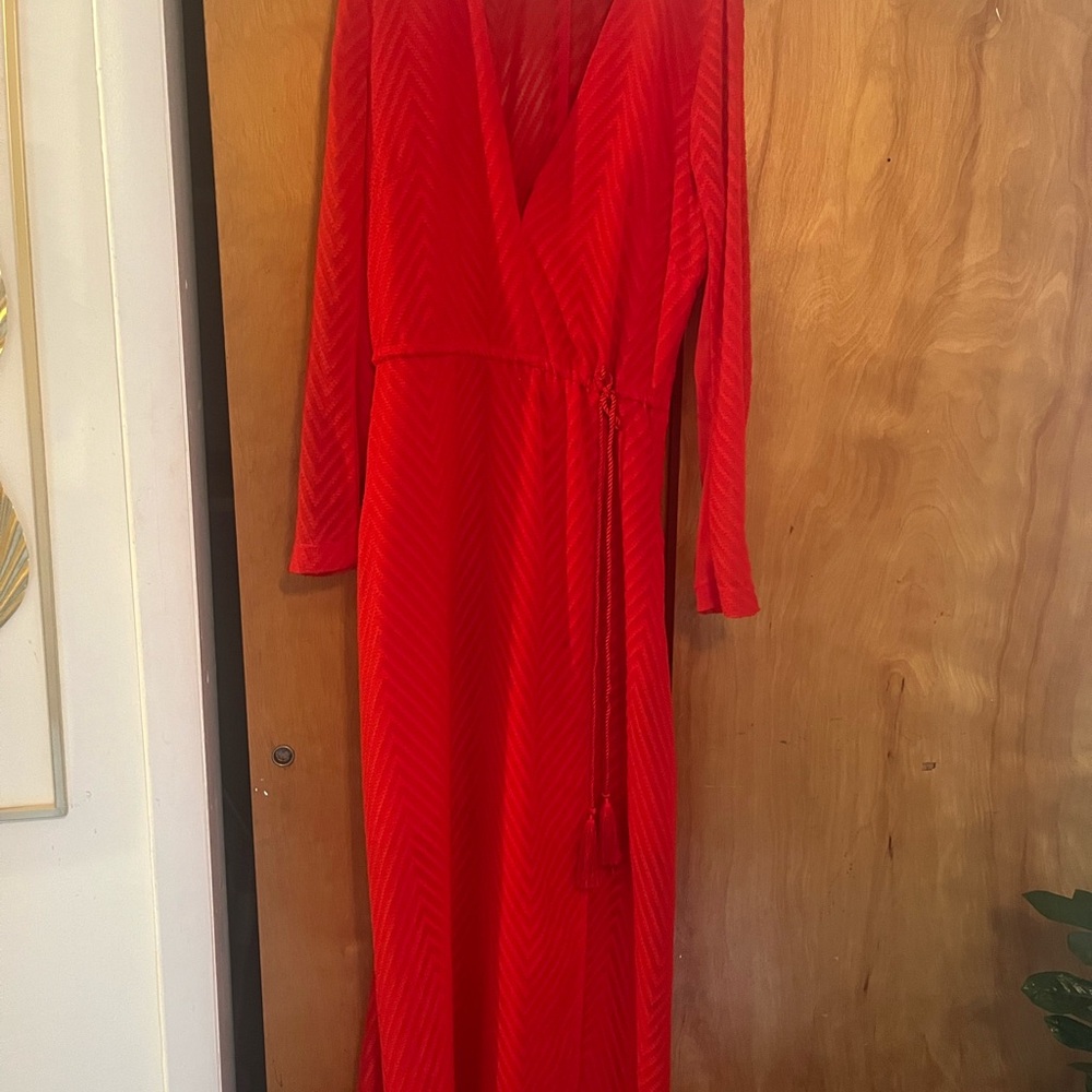 H&M Red Plunge Neck Long Sleeve Gown